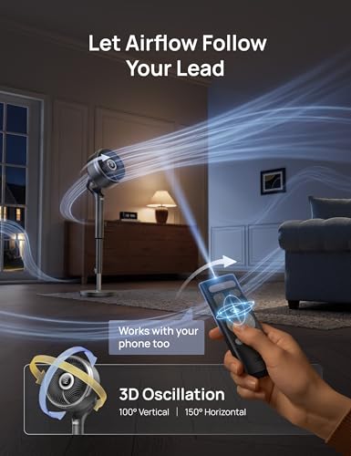 Image of DREO Smart Fan for Bedroom, standing 150 +100 Omni-Directional Oscillating Fans, 120ft CirculAir Quiet Fan with DC Motor, 12 Speeds, 6 Modes, 20dB,Remote Control, 8H Timer