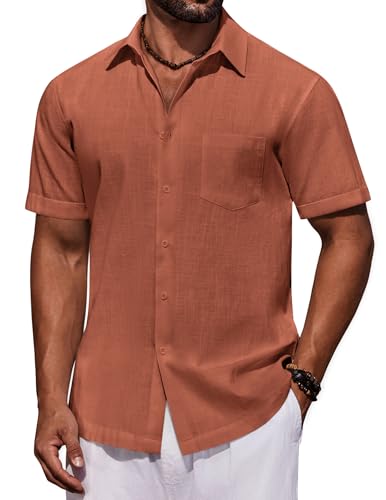 COOFANDY 100% Cotton Shirt for Mens Short Sleeve Button Down Shirts Casual Beach Summer Linen ShirtsBurnt Orange Medium