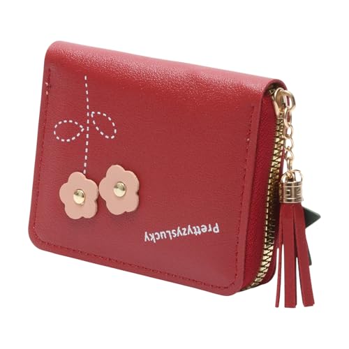 1Pcs Pouch for Money Short Floral Card Wallet PU Leather Burgundy 11x9cm2