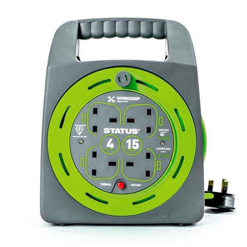 STATUS 4 Socket Cable Reel 15m Green 13 Amp Thermal Cut Out Heavy Duty Outdoor Extension Lead Ideal for Garden DIY Workshop Power Tools (S15M13ACR4)