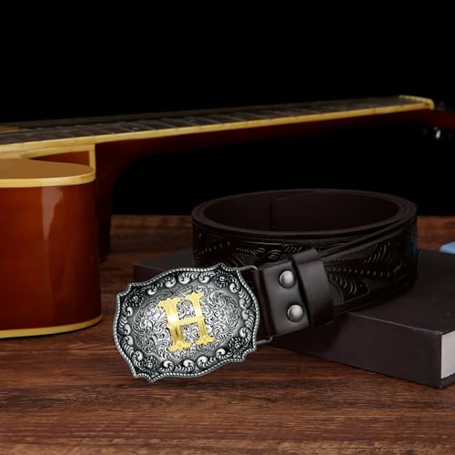 Image of Mens Western Cowboy Cowgirl Faux Leather Belt Longhorn Bull Pattern Letter Big Buckle Embossed Floral Belts