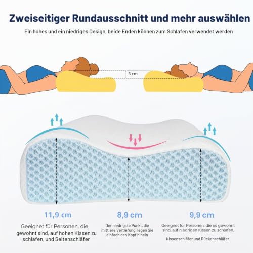 PKBD Memory-Schaum Kopfkissen mit 2 Kissenbezügen (Kühlende Eisseide&Baumwolle), Ergonomisches...