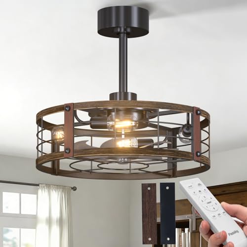 Image of Passky 20 Inch Farmhouse Caged Ceiling Fans with Lights and Remote, Black Downrod Mount Bladeless Fandelier, 6 Speeds Bladeless Ceiling Fan Light for Bedroom, Kitchen, Living Room, Indoor