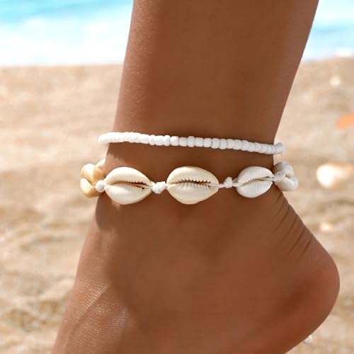 Haolry Adjustable Beaded Shell Ankle Bracelets for Women - Gold-Tone Waterproof Boho Beach Jewelry Gift Set - Image 2
