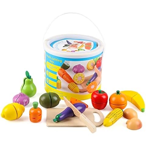 Wondertoys Wooden fruit Vegetables Cutting Set Wood Food Pretend Kitchen Playset Learning Toy for 3 4 5 Years Old Kids (15Pieces) Cover