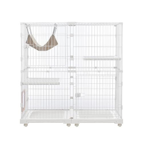 猫ケージ 猫 ケージ 2段 キャットケージ 大型 幅広設計 自由組み合わせ トレー付き 猫ドア付き ハンモック付き 大型 (白)