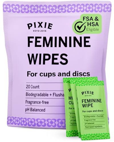 Pixie Feminine Wipes - Flushable, Biodegradable, & Ph Balanced - Individually Wrapped Packet Wipes for On The Go & Public Bathrooms - Wash & Cleaner For Your Menstrual Cups & Discs (1 Pack of 20)