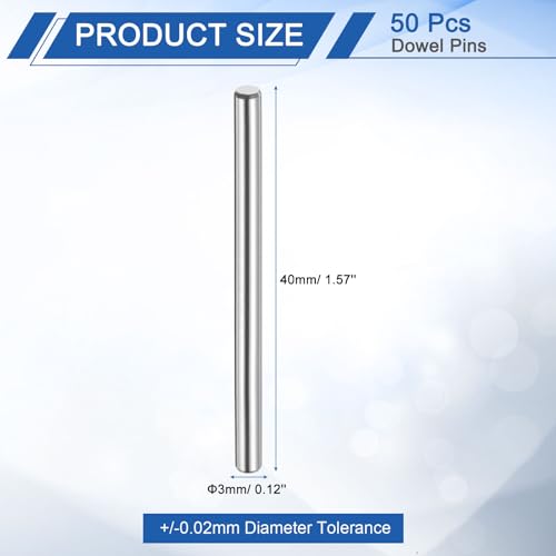 uxcell 50 Pcs 3mm x 40mm Dowel Pins Bearing Steel Cylindrical Dowel Pins Shelf Support Peg Pin Rod Fasten Elements Metal Shelf Pegs +/-0.02mm Diameter Tolerance, Silver Tone