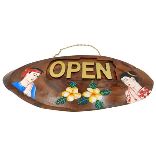 Türschild OPEN CLOSED aus Teak-Holz mit Thai Malerei ideal für Thailändische Restaurants oder Thaimassage Studios Geöffnet Geschlossen aus Handarbeit 43cm Breit, 19cm hoch und 2cm dick