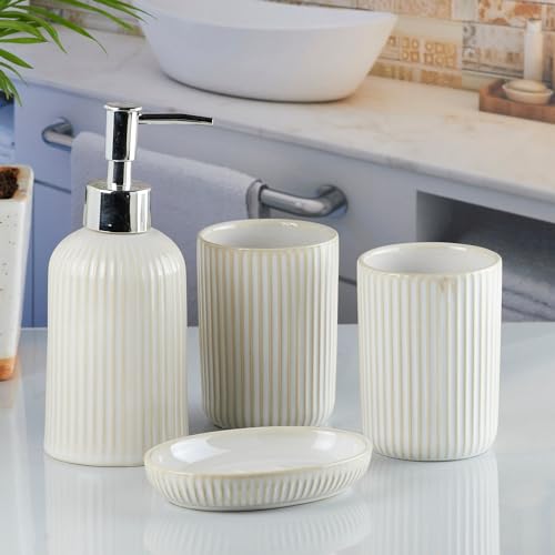 Image of SaSaSa Ceramic Bathroom Accessories Set of 4 Modern Bath Set with Soap Dispenser & Toothbrush Holder, Luxury Home & Gift Idea, Beige (8229)