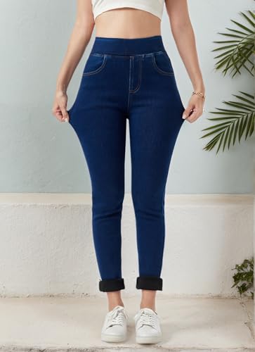 heipeiwa Women's Fleece Lined Jeans Winter Jeggings Thermal Flannel Lined Tummy Control High Waisted Pull on Skinny Jeans3