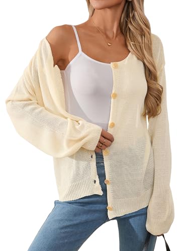 Image of Libsorge Womens Oversized Lightweight Sheer Button Cardigan Spring 2025 Trendy Solid Ribbed Knit Long Sleeve Thin Sweater