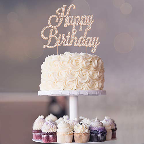 Happy Birthday Cake Topper - Premium Rose Gold Metal - Happy Birthday Party Sparkly Rhinestone Decoration Makes A Great Centerpiece - Now Protected In A Box #TOP5