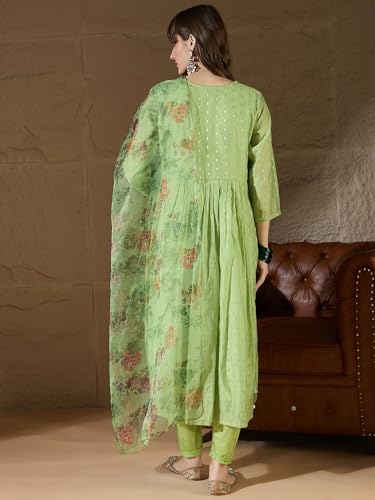 Image of Women's Chanderi Kurta with Legging and Dupatta | Modern & Traditional Blend Ethnic Wear Set | Festive & Casual Summer Kurti with Pants for Party Office & Ethnic Occasions