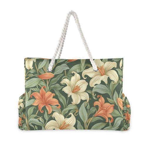 Vintage Orange Lily Flower Green Leaves Sandproof Tote Bags Portable with side pocketes Bags For Work for Travel Gym Vacation2