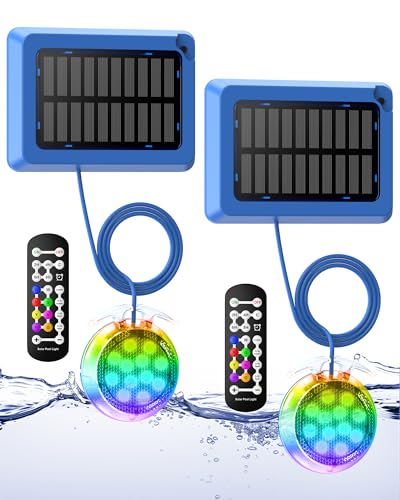 Vovamo Solar Pool Lights,Underwater IP68 Pool Lights with 8-Color Changing and 9 Modes,Solar Powered Luz para Piscina with Remote Control for Above Ground Pools/Inground Pools-2 Pack-Blue