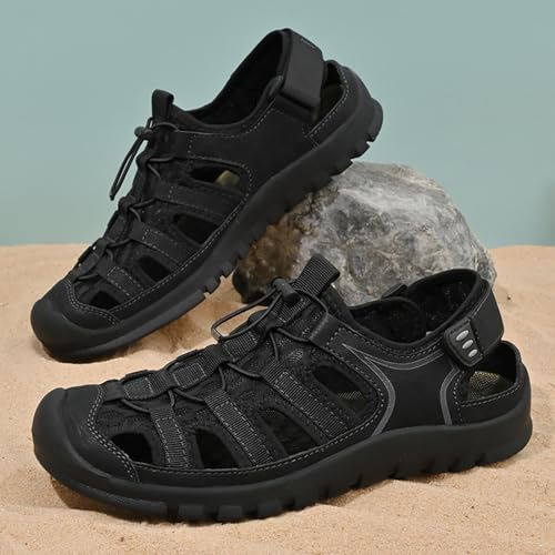 Zeberfi Men Hollow Genuine Leather Mesh Fisherman Sandals with Hook and Loop Fashion Lace Up Closed Round Toe Outdoor Athletic Casual Beach Shoes Summer Breathable Walking Sports Hiking Sandals3
