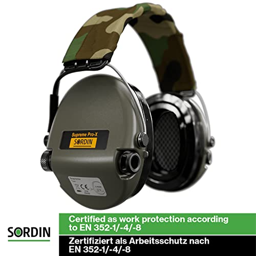 Image of Sordin Supreme PRO X SOR75302-X-G-S - Active Adjustable Ear Muffs - Hearing Protection - Gel Seals - Camo Canvas Headband and Green Cups