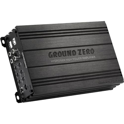 Amplificatore a 4 canali per funzionamento a 24 V; componenti in tecnologia SMD; tecnologia Class D; crossover attivo variabile e Bass Boost, regolazione fase; alimentazione stabilizzata; connessioni di dimensioni generose; dissipatore di calore compatto con scritta Ground Zero incisa; ingresso ad alto livello con funzione Auto-On