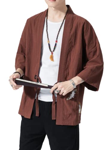Image of Men's Japanese Kimono Cardigan Loose Cotton Linen 3 /4 Sleeve Open Front Casual Summer Shirt Jackets