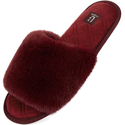 LongBay Ladies' Fluffy Faux Fur Slippers Open Toe Memory Foam House Shoes for Women Indoor Outdoor Slides Burgundy,5-6