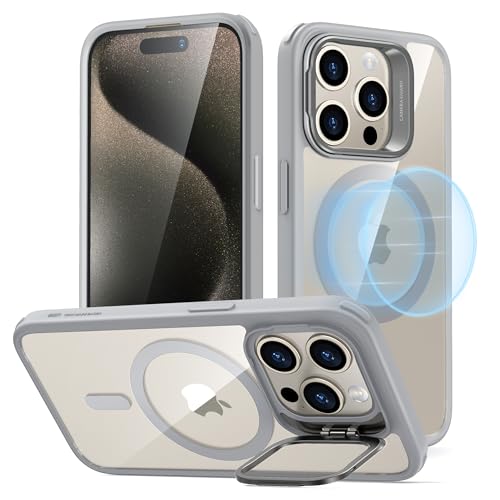 ESR for iPhone 15 Pro Case, Compatible with MagSafe, Military-Grade Protective Case, Built-in Stash Stand Phone Case, Scratch-Resistant Back Cover, Classic Series, Clear Grey