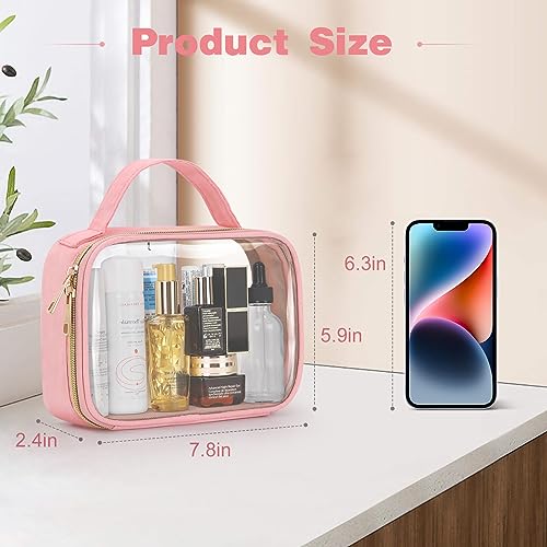 Image of Wedama TSA Approved Toiletry Bag, 3 Pack Clear Makeup Bags with Handles, Quart Size Clear Toiletry Bags, PVC Cosmetic Bags for Women and Men, Carry on Airport Airline Comp (Pink, 3 Pack, Medium)