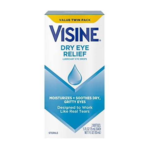 Visine Dry Eye Relief Lubricant Eye Drops to Moisturize and Soothe Irritated, Gritty and Dry Eyes, Designed to Work Like Real Tears, Polyethylene Glycol 400, Twin Pack, 2 x 0.5 fl. oz Cover