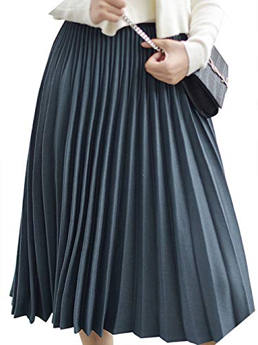 CHARTOU Women's Winter Stretchy High Waist Pleated A-Line Swing Flared Midi Skirt (One Size, Dark Grey)