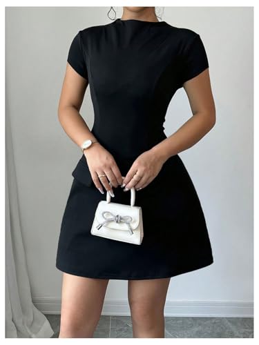 Image of SOLY HUX Women's Mock Neck Short Sleeve Dress A Line Flared Mini Dresses Pure Black Medium