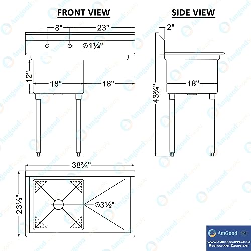 Image of 39 in. x 23.5 in. Stainless Steel One Compartment Sink with 18 in. x 18 in. Bowl and 18 in. Right Drainboard. NSF