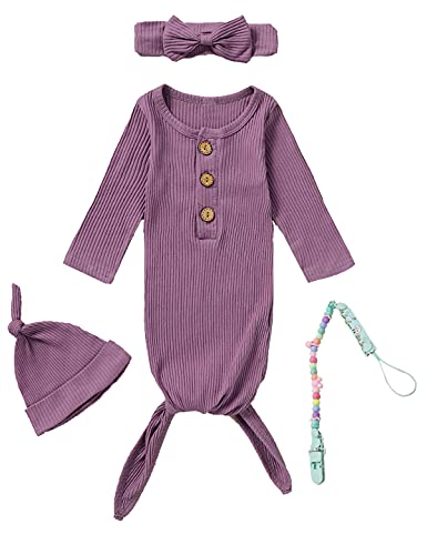 Image of MoryGooder Newborn Cotton Nightgowns Neutral Baby Knotted Sleeper Baby Coming Home Outfit