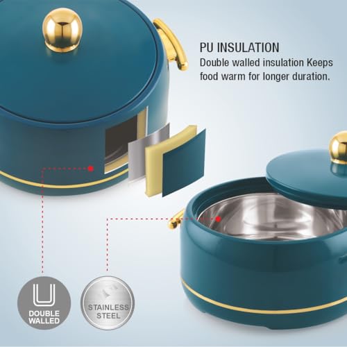 Image of Modware Atlantis Casserole 2000ml Elegant Design Premium Hot Pot, Retains Temperature for Hours, Insulated Inner Steel Casserole for Roti, Hot Box for Home, Chapati Box, Serving Bowl with Lid (Teal)