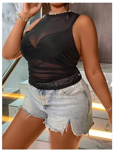 Women's Plus Size Sheer Mesh Top Ruched Sexy Sleeveless Crewneck See Through Tank Tops3