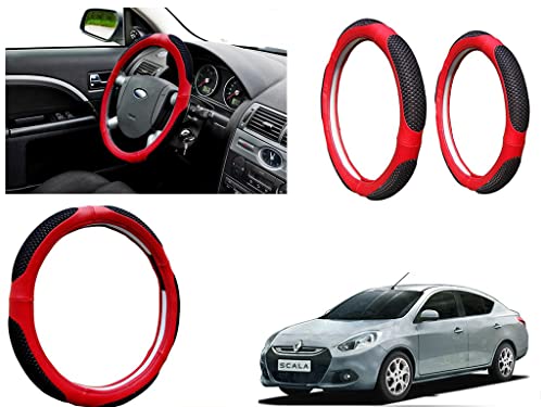 Image of Microfiber Car Steering Wheel Cover, Soft Padding Great Hand Feel, Anti-Slip, Faux Leather Steering Cover for Renault Scala | Black Red Jali - Pack of 1