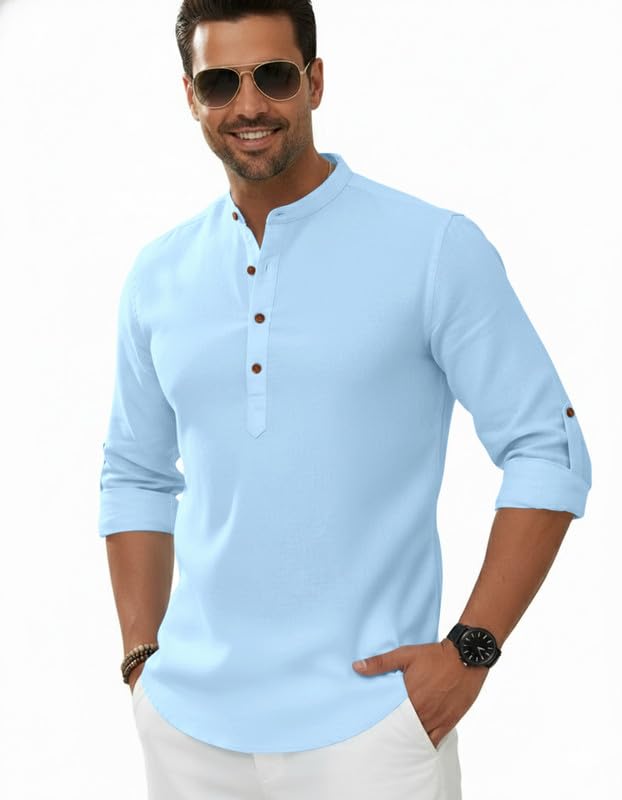 Image of Macsivo Men's Cotton Blend Solid Short Kurta with Regular Lenth Mandarin Neck Full Sleeves and roll-up tab| Kurta Style Shirt for Men