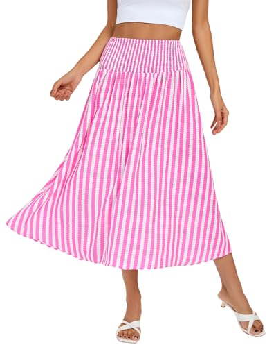 Kate Kasin Women Smocked Summer Beach Skirt Flowy Boho Maxi Long Skirt A Line Striped Tummy Control Skirts 2025 Trendy