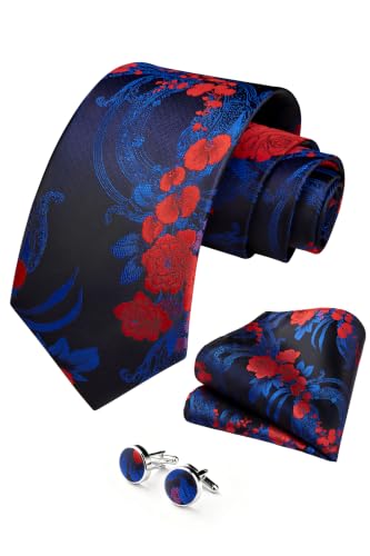 Image of HISDERN Ties for Men Paisley Tie and Pocket Square Cufflinks Set Formal Classic Floral Necktie Handkerchief Wedding Party