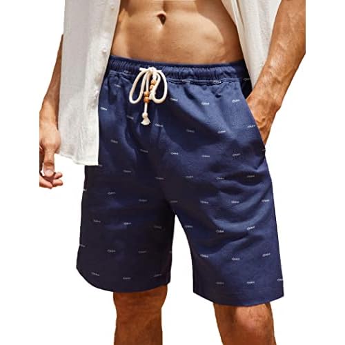 COOFANDY Men's Linen Shorts Casual Elastic Waist Drawstring Summer Beach Shorts Small Navy Blue Fish Bone