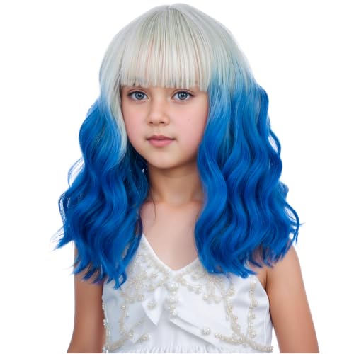 Image of Gray Mixed Blue Wig Short Grey Mixed Blue Wavy Curly Wigs with Air Bangs Synthetic Cosplay Hair Wigs (Small Size)