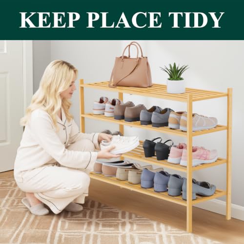 Image of Smiry Bamboo Shoe Rack, 5 Horizontal Slats, 4 Tier - 33.9 inch Wide, Natural