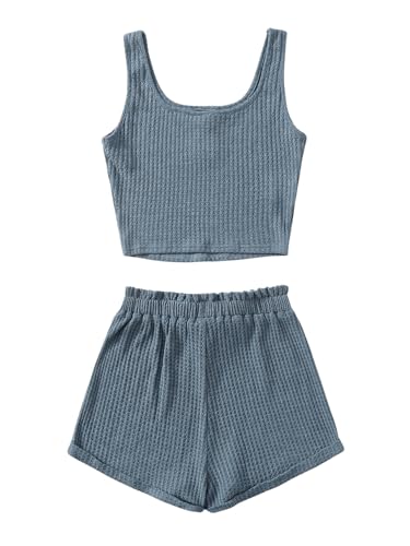 Image of RoseSeek Girl's 2 Piece Outfits Waffle Knit Scoop Neck Button Down Crop Tank Tops Paperbag Waist Track Shorts