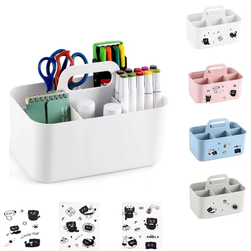 Cesta Organizadora Multiusos con Asa, Cesta de Escritorio con 5 Compartimentos, Cajas Almacenaje Plastico con 3 Pegatina Cesta de Plástico para Limpieza, Manualidades, Baño (Blanco, 25×15.4×17cm)