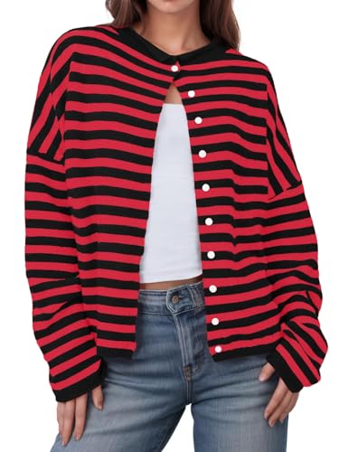 Image of UNCLECAT Womens Striped Cardigan Long Sleeve Button Down Knit Tops | 2026 Fall Winter Trendy,Casual,Cute Lightweight Sweaters,Cozy Soft,Open Front Top,loose fit