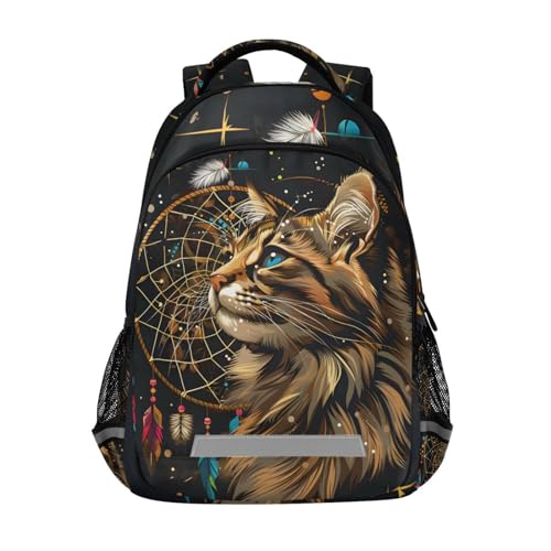 Cat Backpack for Students Boys Girls Boho Cat Dreamcatcher School Bag Travel Daypack Rucksack
