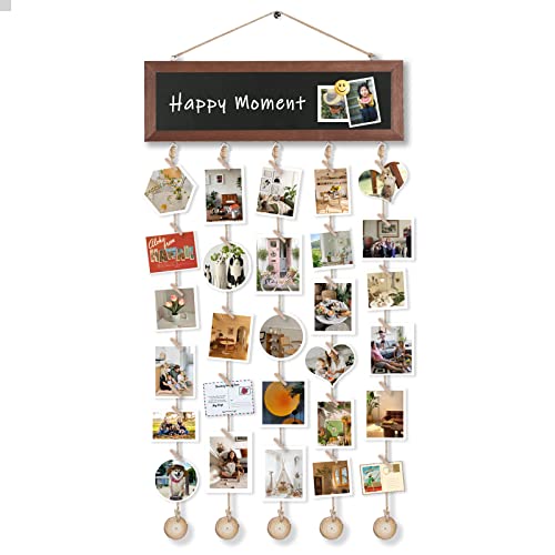 4 THOUGHT Picture Frame Collage Photo Hanging Display Picture Board 40 x 12.5 cm Wooden Rustic Frames Decor Blackboard for Wall Mother Gift Birthday Dorm Room with 30 Clips 2 Magnets 1 Marker