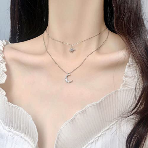 Boho Layered Crystal Star Moon Choker Necklace Silver Cz Crescent Moon Pendant Necklaces Rhinestone Northstar Necklaces Rhinestone Star Necklace Chain Jewelry for Women(Style A)4