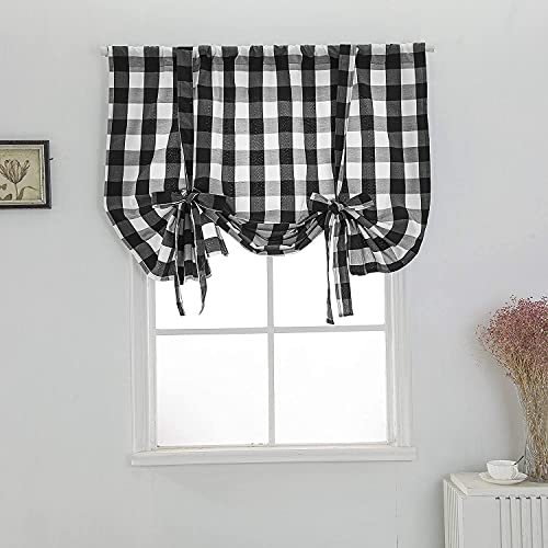 Ricemru Kariert Raffrollo Blickdicht mit Tunnelzug 116 cm breit Schwarz Gitter Landhausstil Raffgardine Modern Bändchenrollo Gardinen Küche,116x160cm Cover