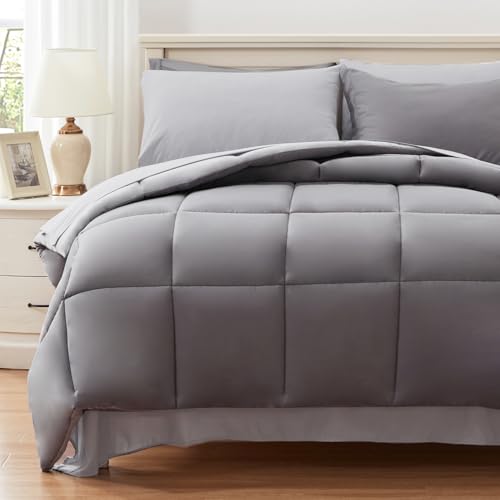 Anluoer Queen Size Bed in a Bag 7 Pieces, Grey Bed Comforter Set with Sheets, All Season Bedding Sets with 1 Comforter,2 Pillow Shams,2 Pillowcases, 1 Flat Sheet,1 Fitted Sheet