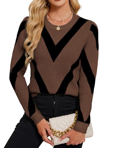 Image of Libsorge Womens Dressy Casual Color Block Striped Sweater Fall 2025 Trendy Outfits Lightweight Ribbed Knit Pullover Top
